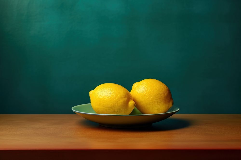 A plate with two lemons on a table fruit plant food. AI generated Image by rawpixel.