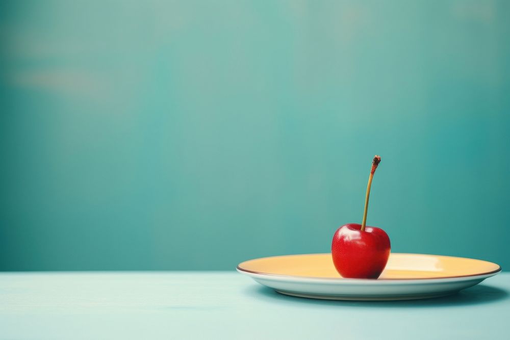 A plate with a pear and cherry on a table fruit plant food. AI generated Image by rawpixel.