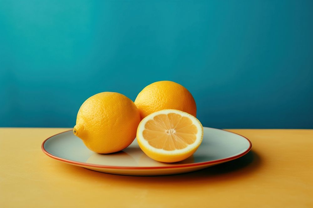 A plate with lemons on a table fruit plant food. AI generated Image by rawpixel.
