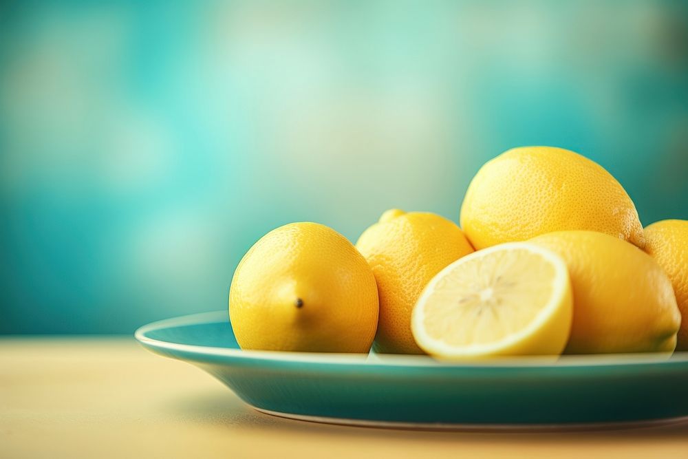 A plate with lemons on a table fruit plant food. AI generated Image by rawpixel.