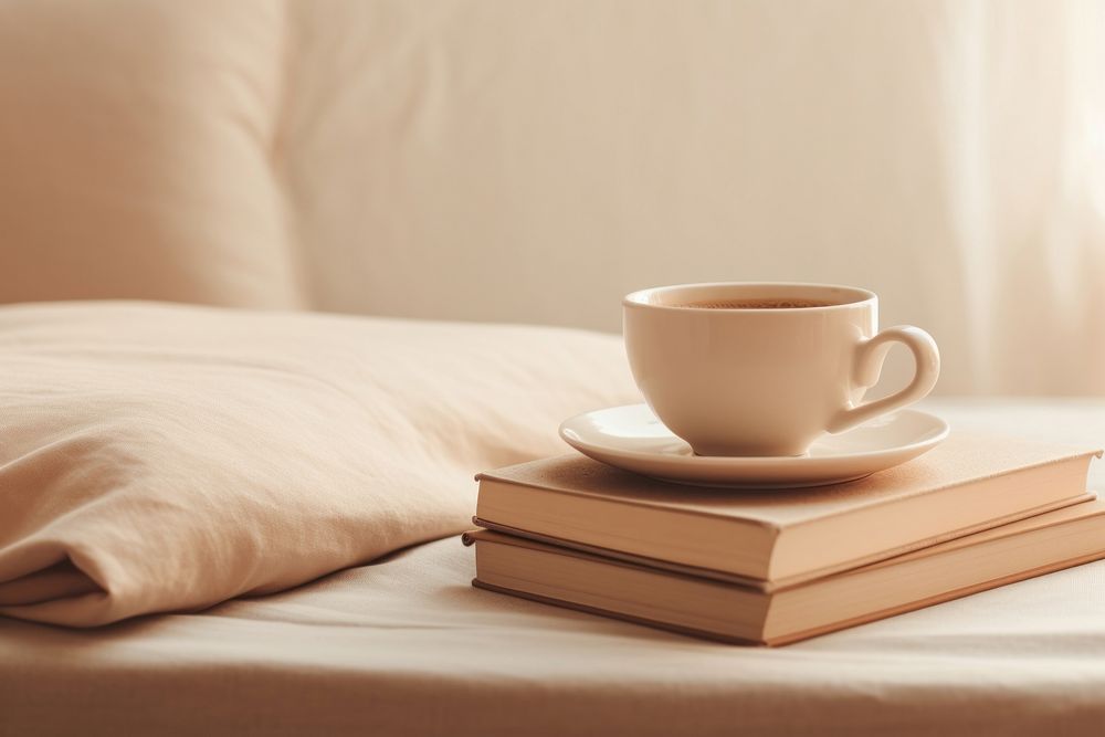 A coffee cup sitting on top of a plate on a bed book publication saucer. AI generated Image by rawpixel.