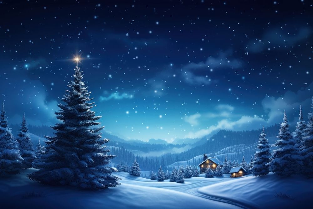 Night Time Scenery image with Christmas tree landscape night snow. AI generated Image by rawpixel.