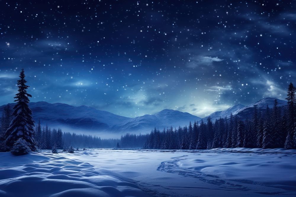 Night Time Scenery Images Winter Snowy Landscape landscape night snow. AI generated Image by rawpixel.