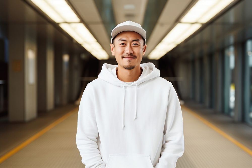 Happy asian american middle age man wearing white hoodie architecture sweatshirt adult.