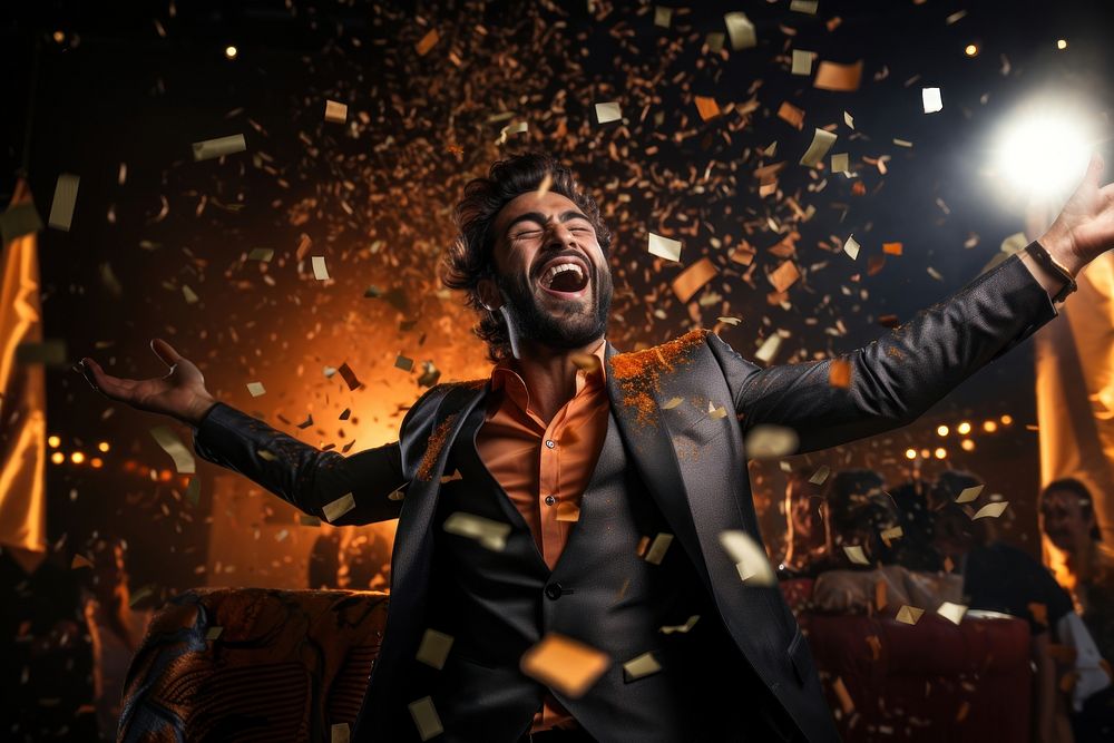 Pakistani man gorgeous celebrating confetti adult stage. AI generated Image by rawpixel.