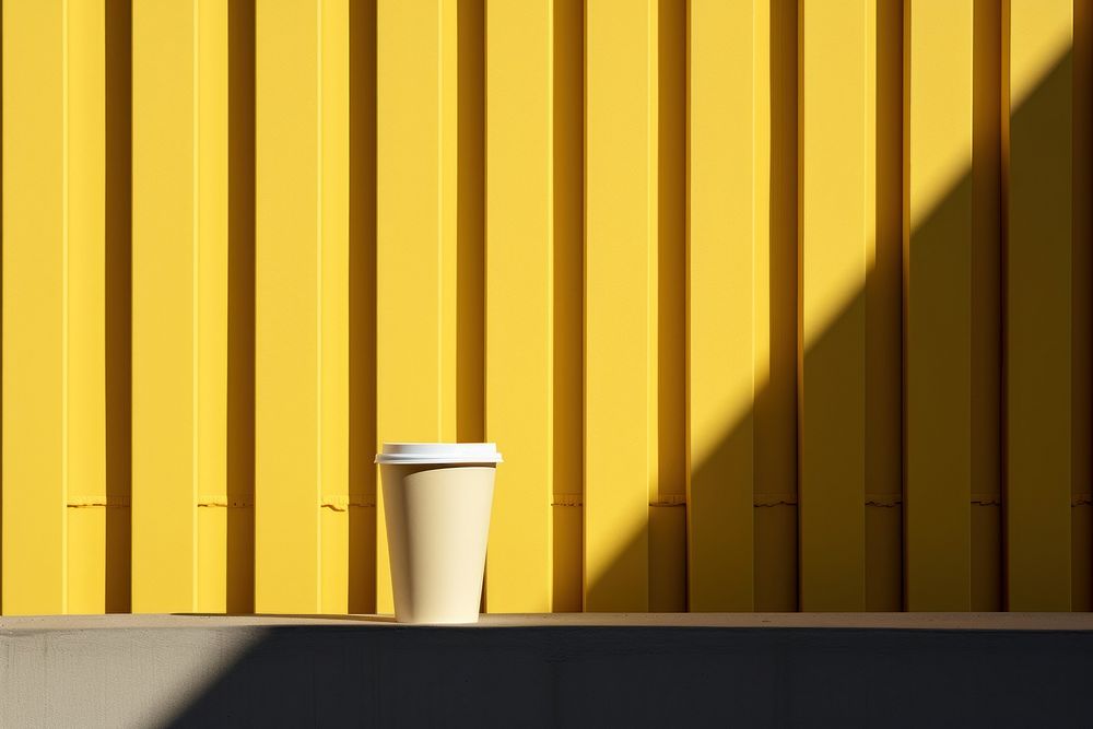 A paper coffee cup and business card onto a barricaded fence yellow wall architecture.