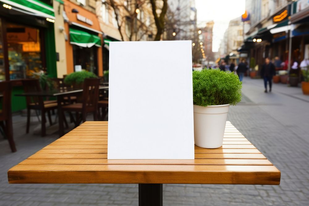 A white blank menu sign street table cafe.
