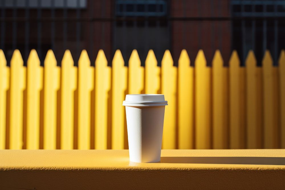 A white paper coffee cup onto a barricaded fence outdoors yellow wall.
