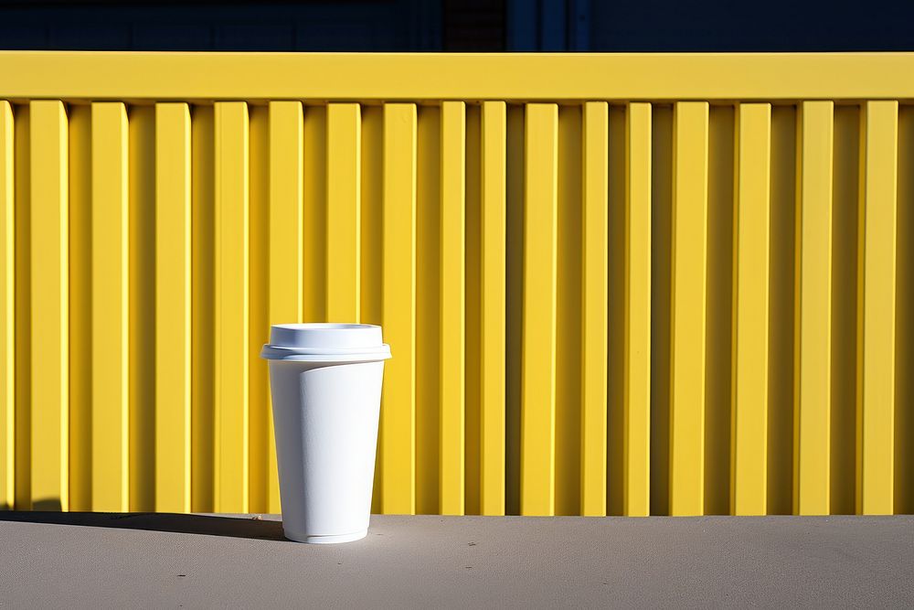 A white paper coffee cup onto a barricaded fence yellow wall mug.