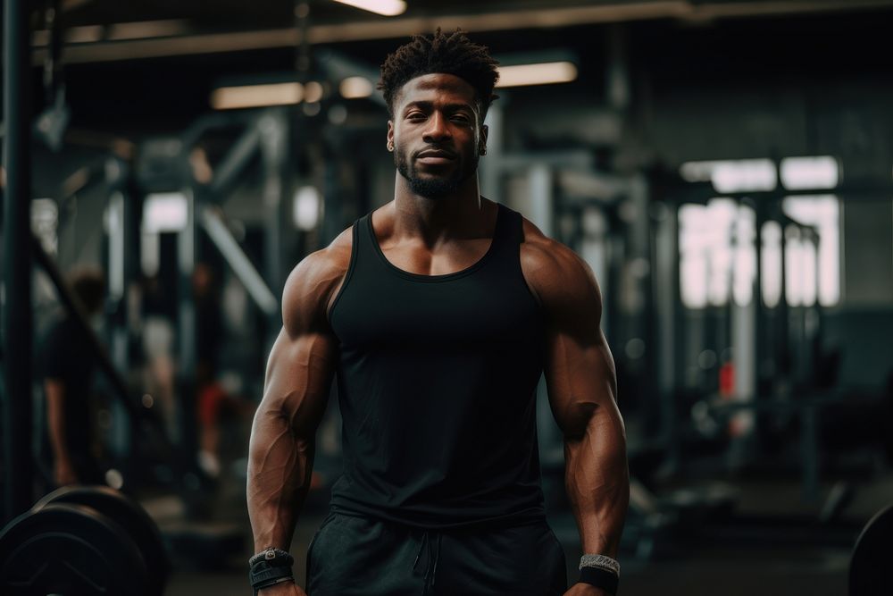 African american men adult gym weightlifting.