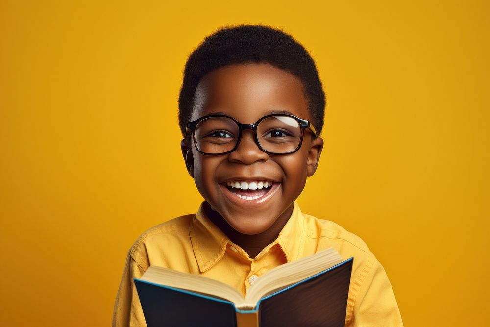 African kid happy face reading a book portrait glasses smile.