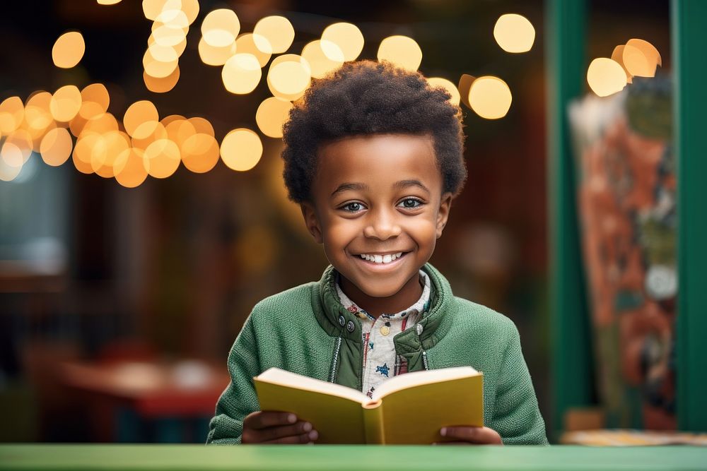 African kid happy face reading a book publication smile child.