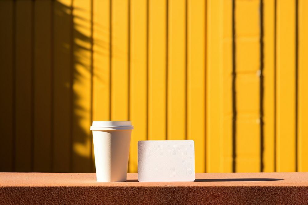 Business card onto a barricaded fence yellow wall cup.