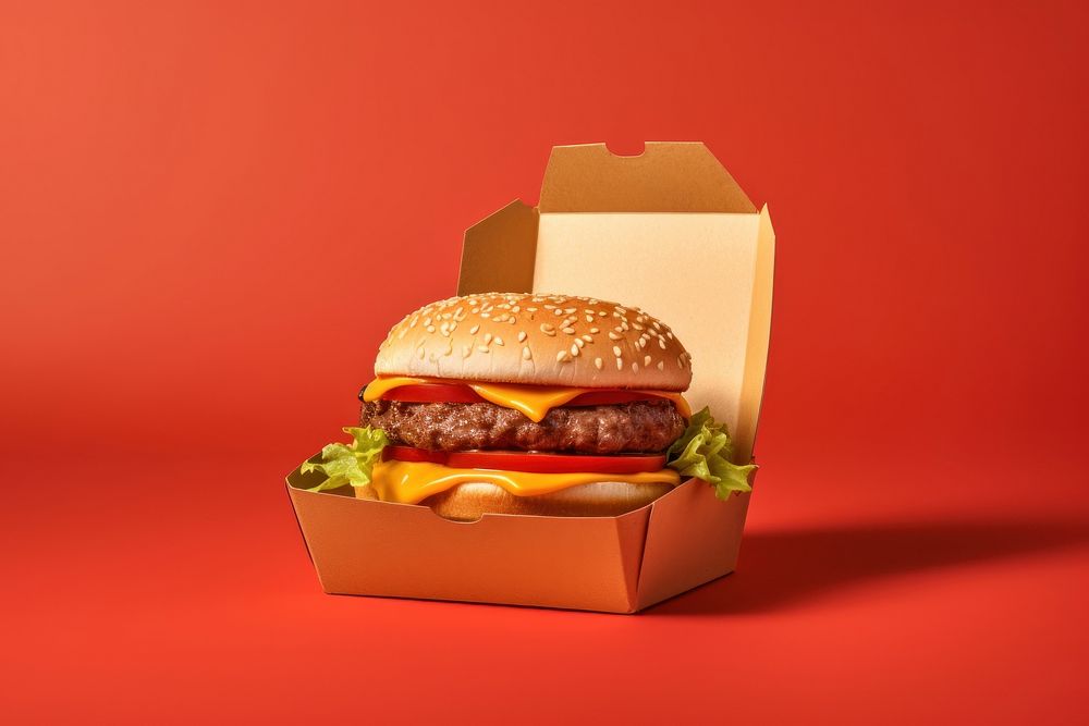 Cheeseburger take away packaging ketchup food hamburger.