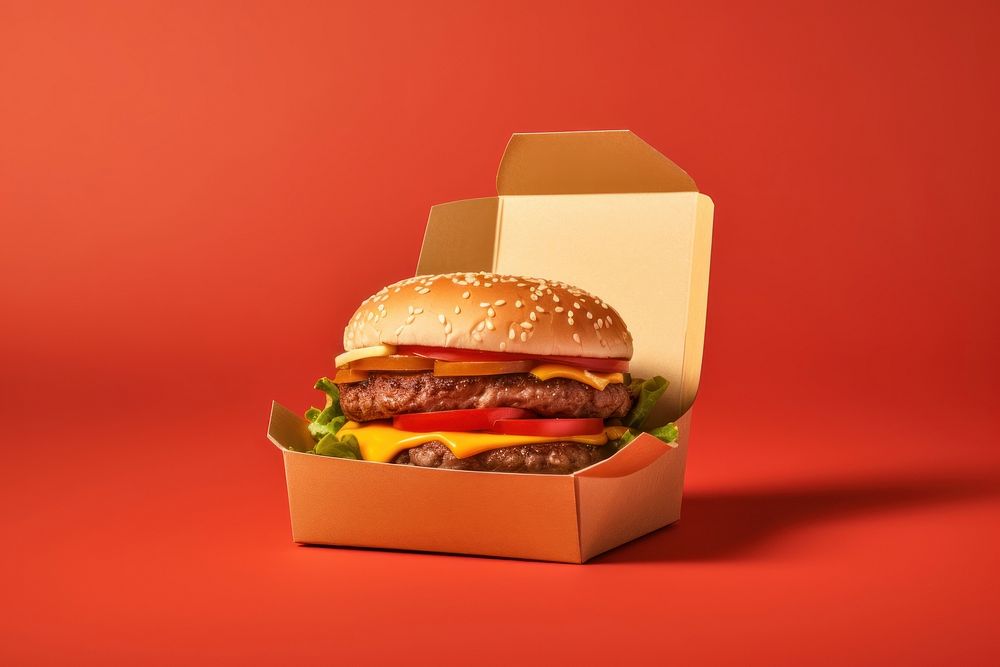 Cheeseburger take away packaging food hamburger vegetable.