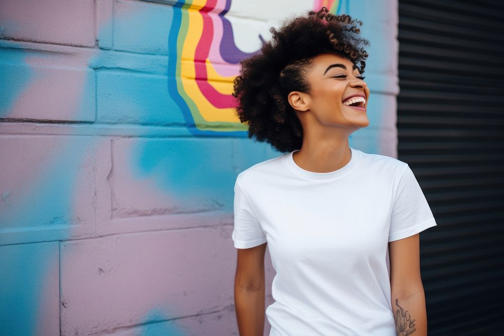 Woman wearing white t-shirt laughing smile adult.
