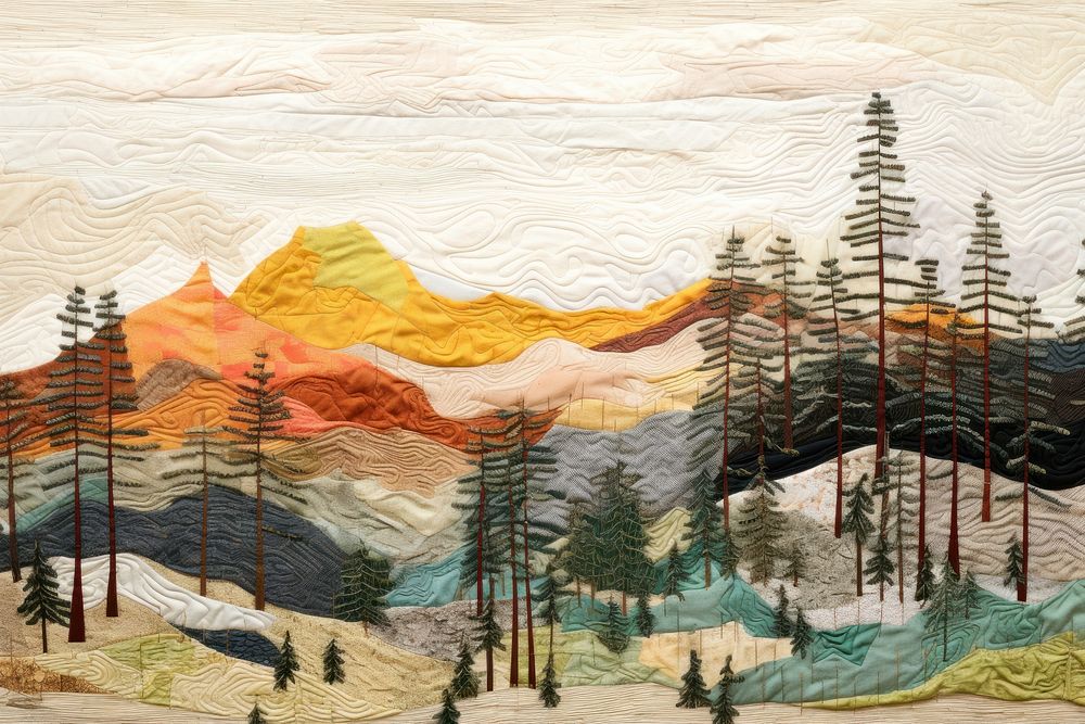 Minimal colorful pastel pine hill landscape painting art.