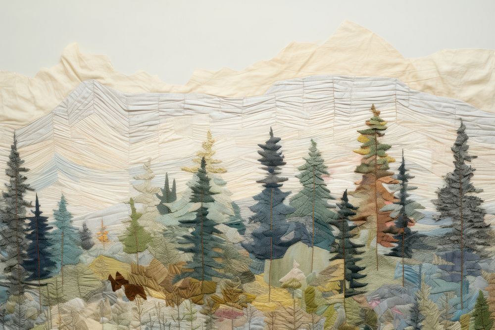 Minimal colorful pastel pine hill landscape textile plant.