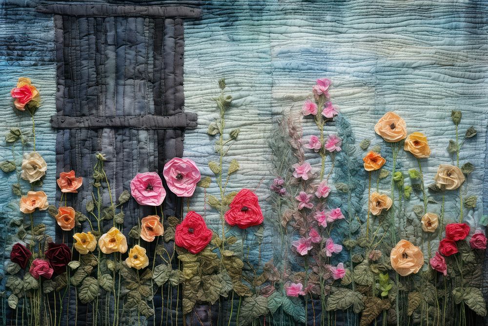 Minimal colorful rose frame border needlework painting outdoors.