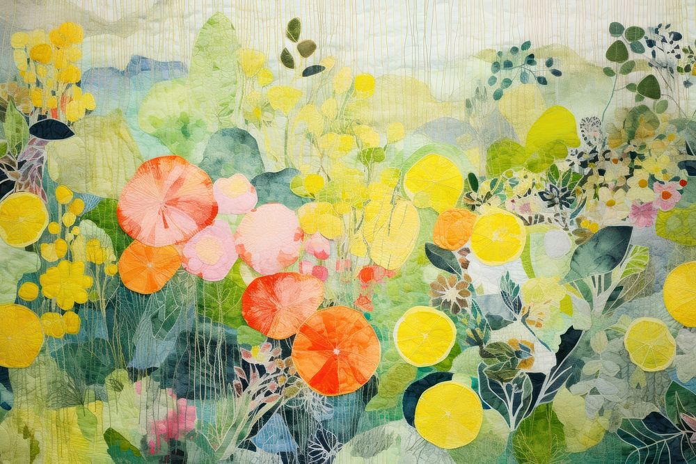 Colourful pastel lemon garden needlework painting textile.