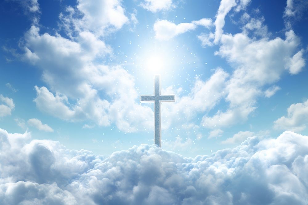 Religious cross over cumulus clouds sunlight outdoors nature. AI generated Image by rawpixel.