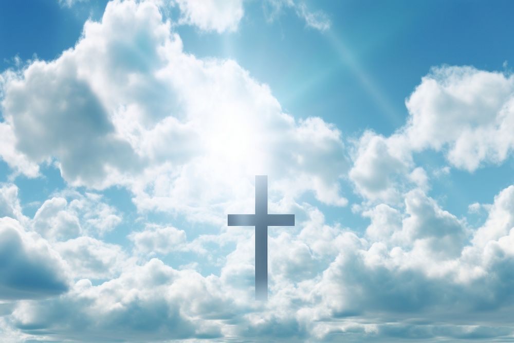 Religious cross over cumulus clouds backgrounds sunlight outdoors. AI generated Image by rawpixel.