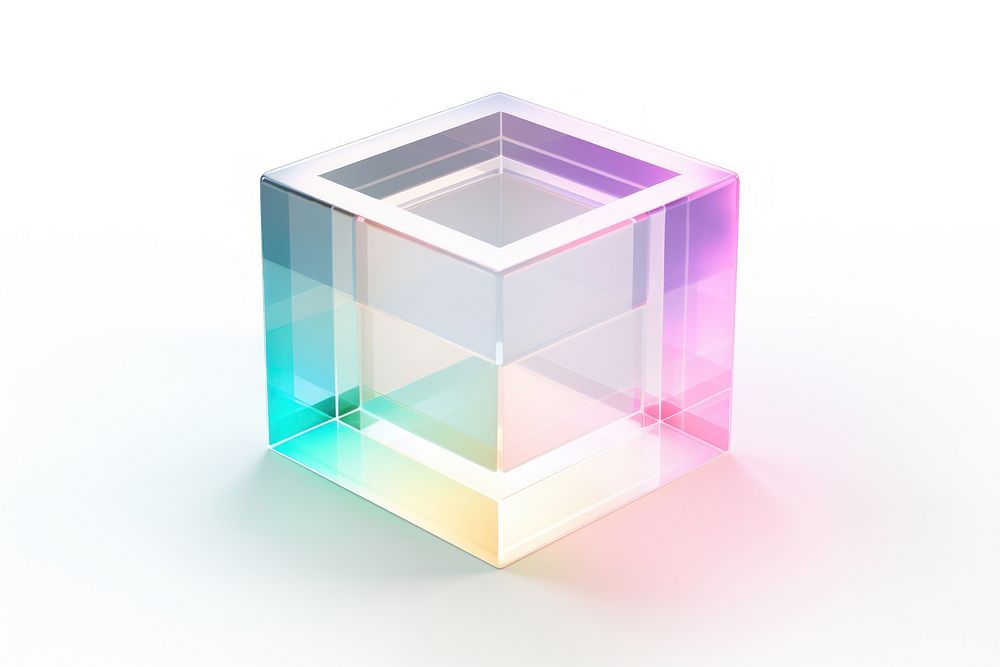 Iridescent tesseract white background refraction rectangle.