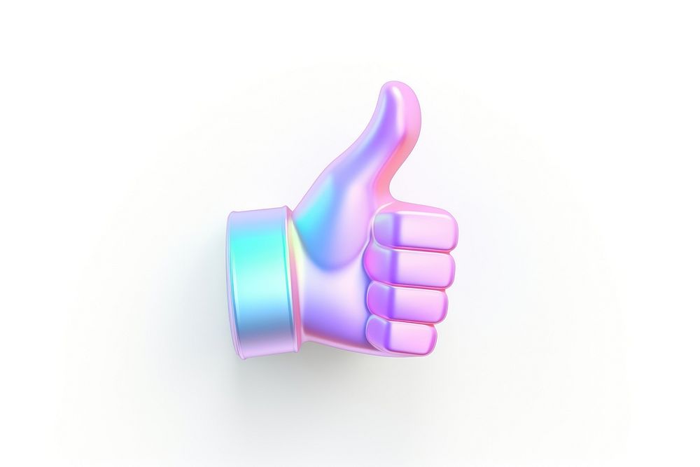 Iridescent thumbs up symbol finger hand white background.