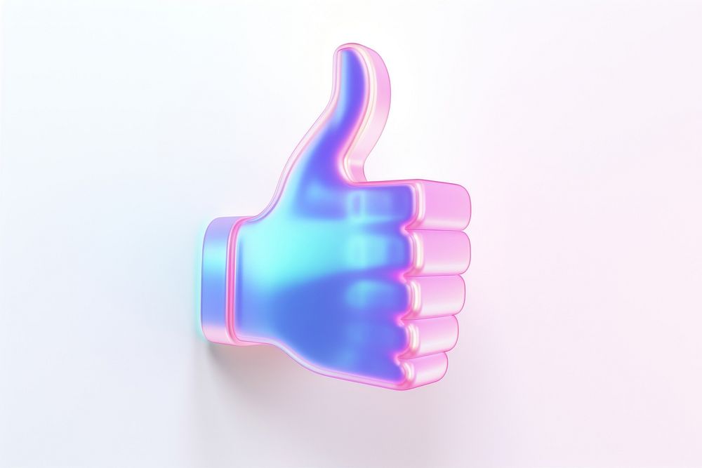 Iridescent thumbs up symbol white background technology gesturing.