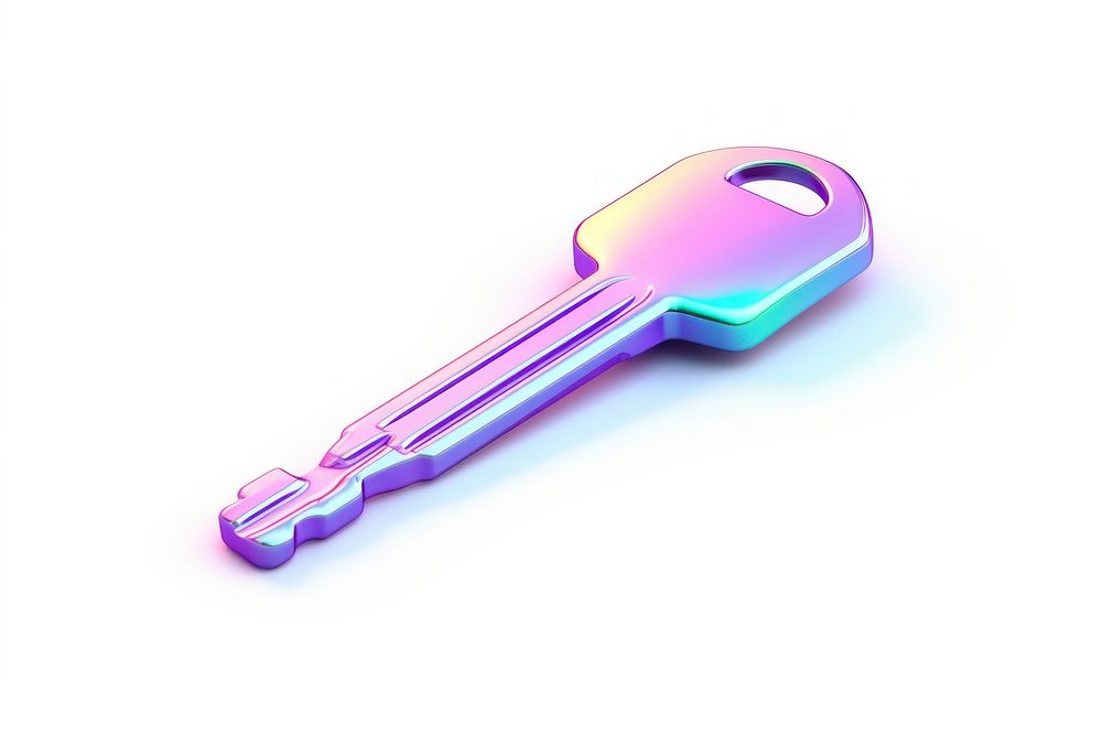 Iridescent car key white background security weaponry.