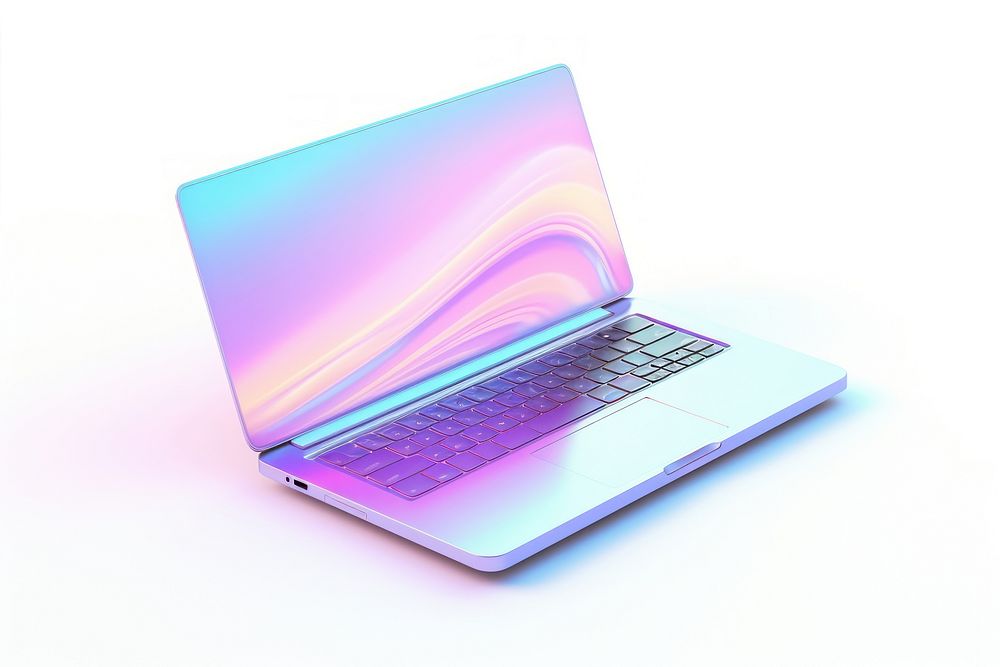 Iridescent computer laptop white background portability.