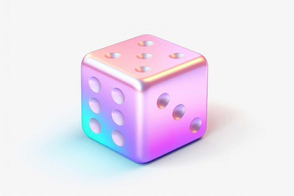 Iridescent dice game white background purple.