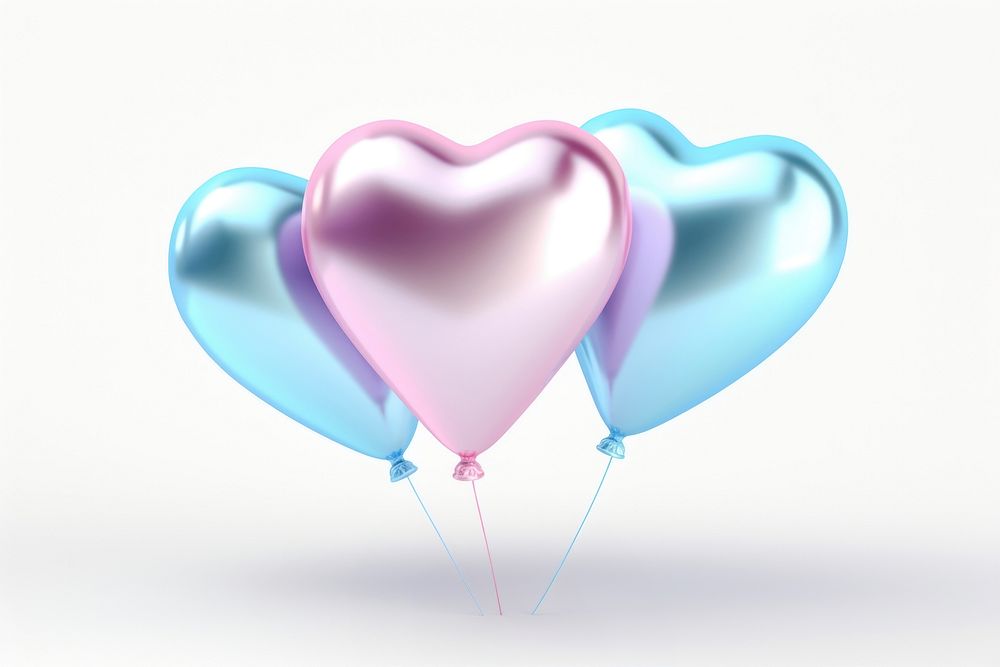 Iridescent heart-shaped balloons white background togetherness celebration.