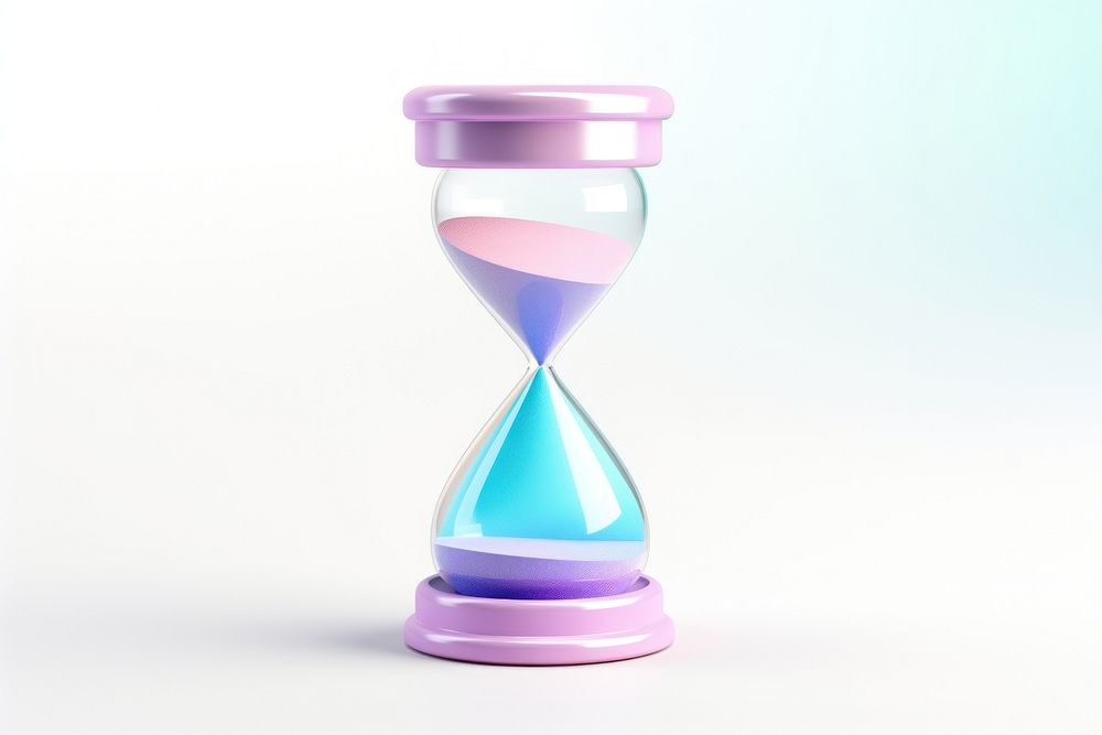Iridescent hourglass white background deadline research.
