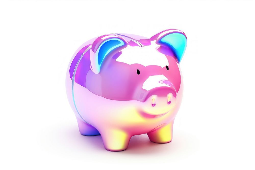Iridescent piggy bank mammal white background representation.