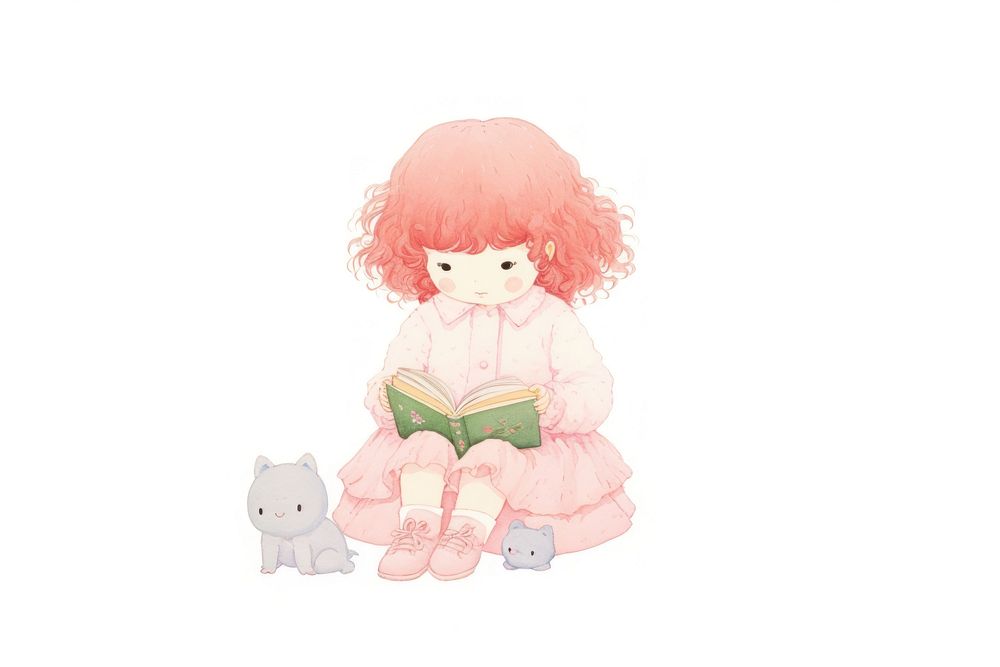 A girl sitting to read a boo doll toy white background. AI generated Image by rawpixel.
