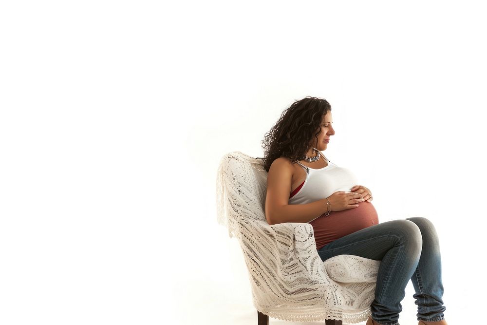 Pregnant woman sitting adult chair.