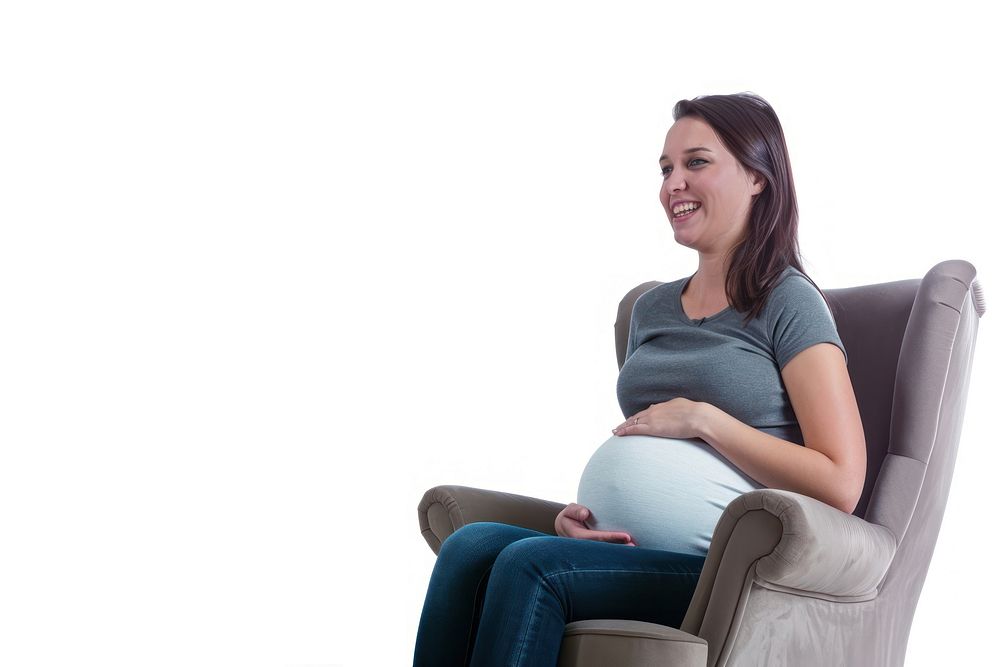 Pregnant woman sitting furniture armchair.