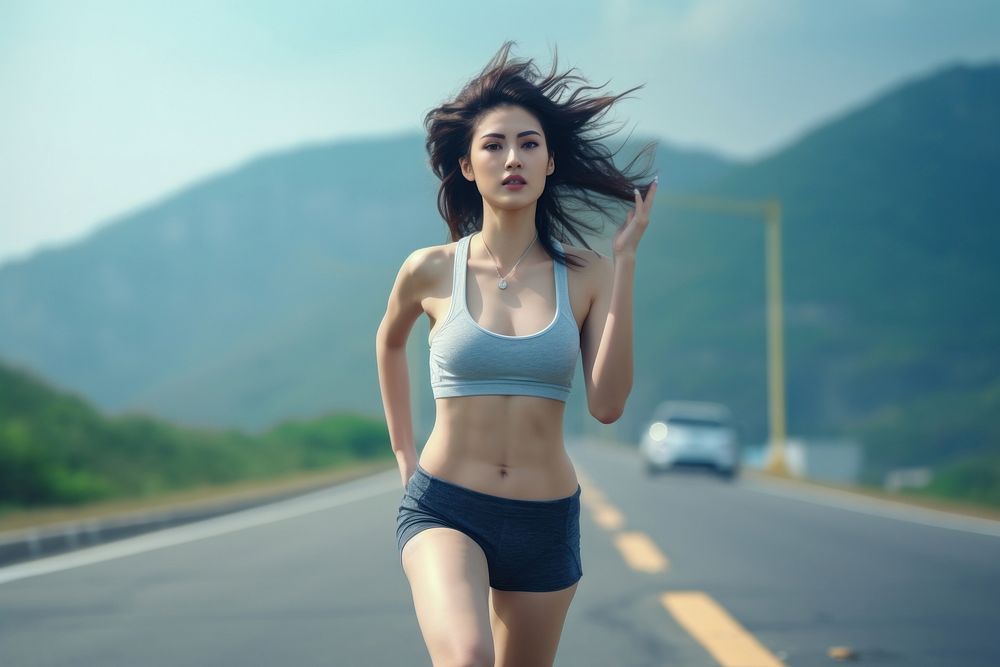 Young woman exercising running jogging shorts.