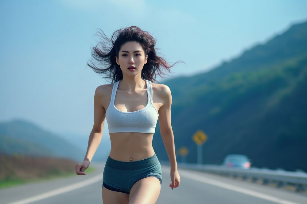 Young woman exercising swimwear jogging running.