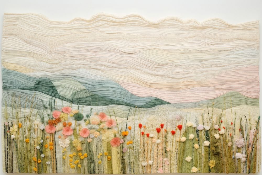Meadow and hills needlework painting textile.