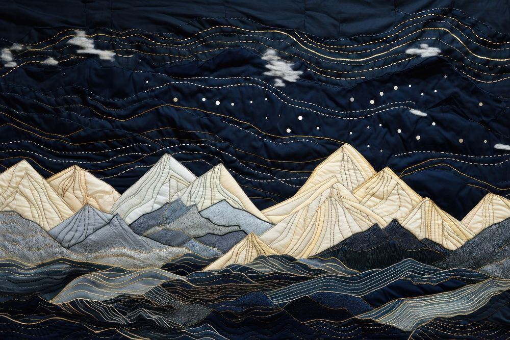 Mountain range landscape textile quilt.