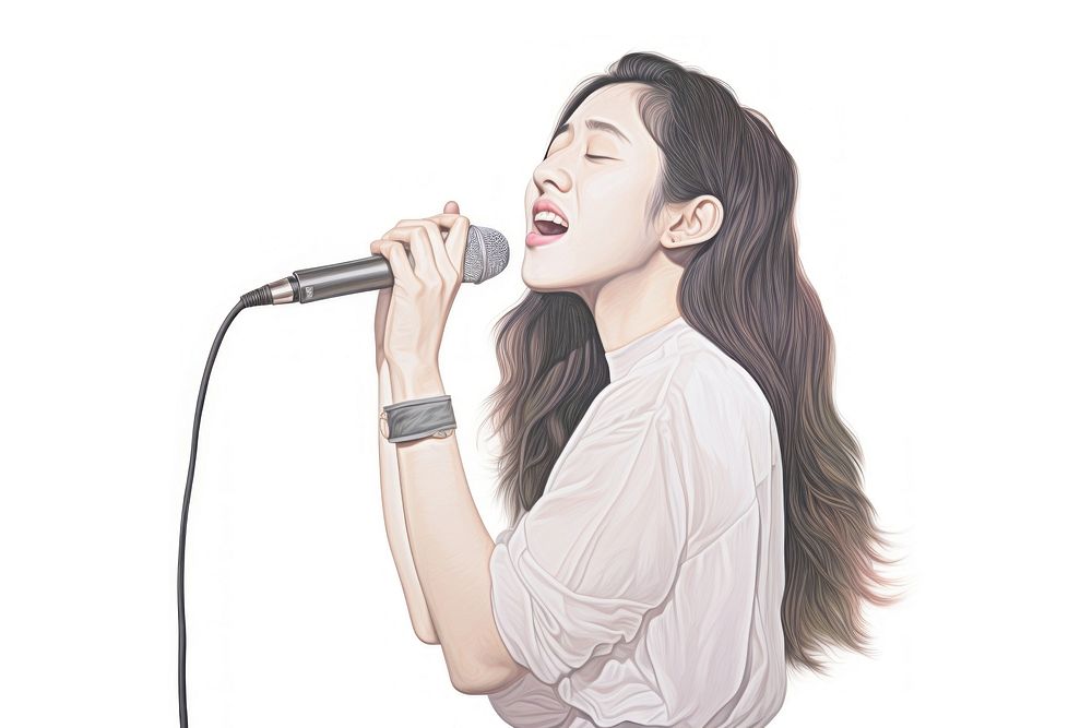 Asian singer singing holding microphone karaoke adult white background. AI generated Image by rawpixel.