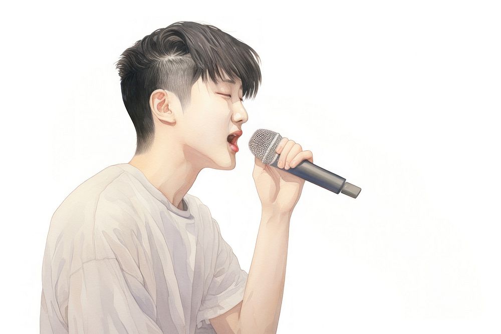 Asian singer singing holding microphone white background performance recreation. AI generated Image by rawpixel.