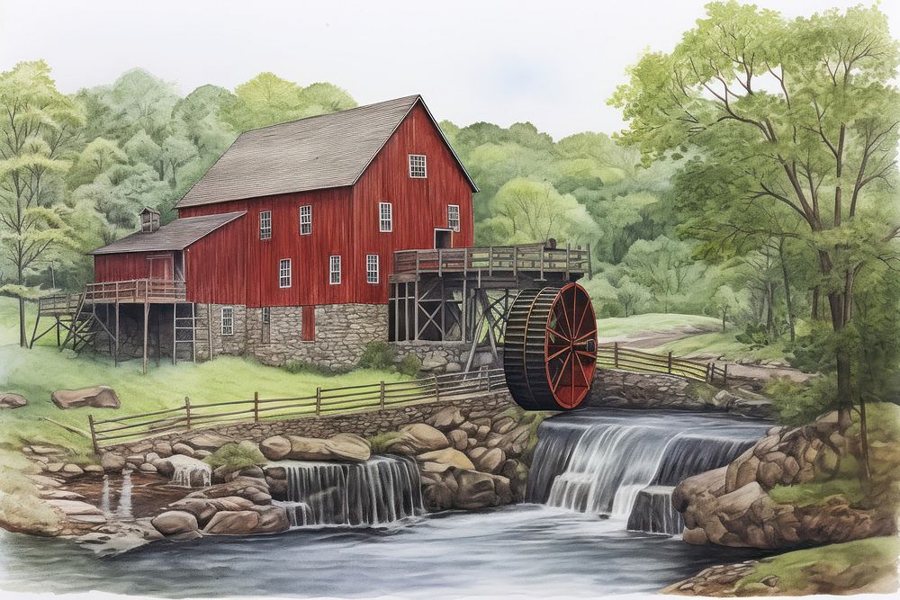 Red mill in valley countryside architecture waterfall building. AI generated Image by rawpixel.