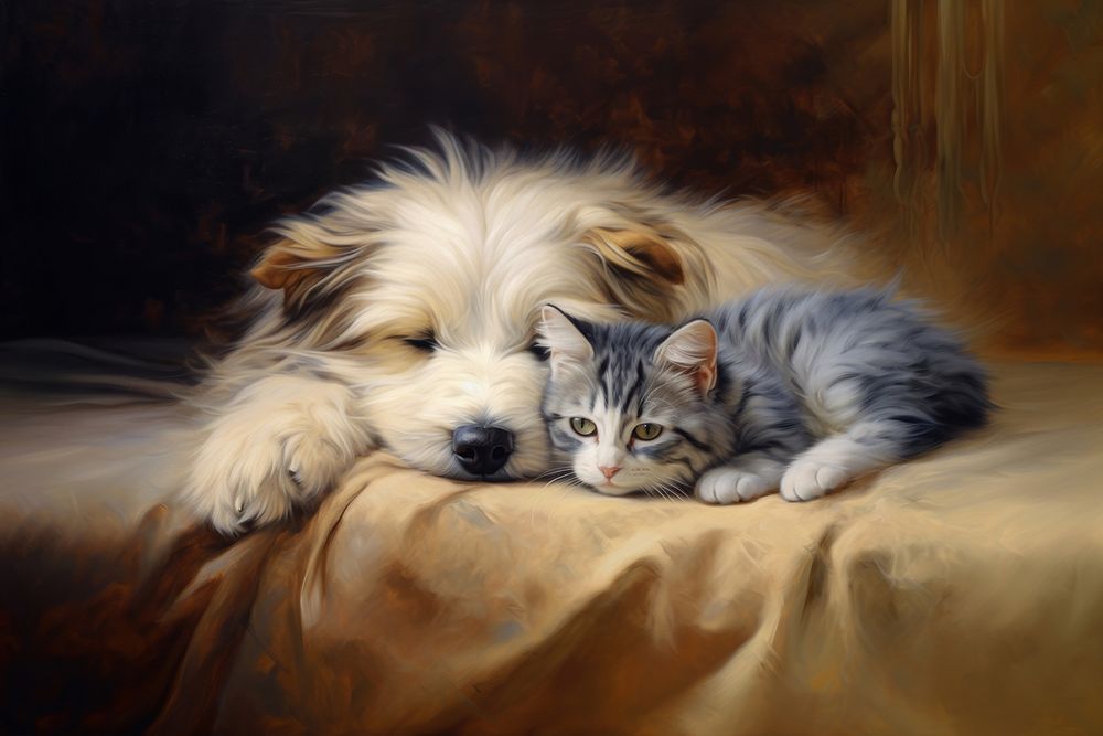 Dog sleeping cat dog painting | Free Photo Illustration - rawpixel