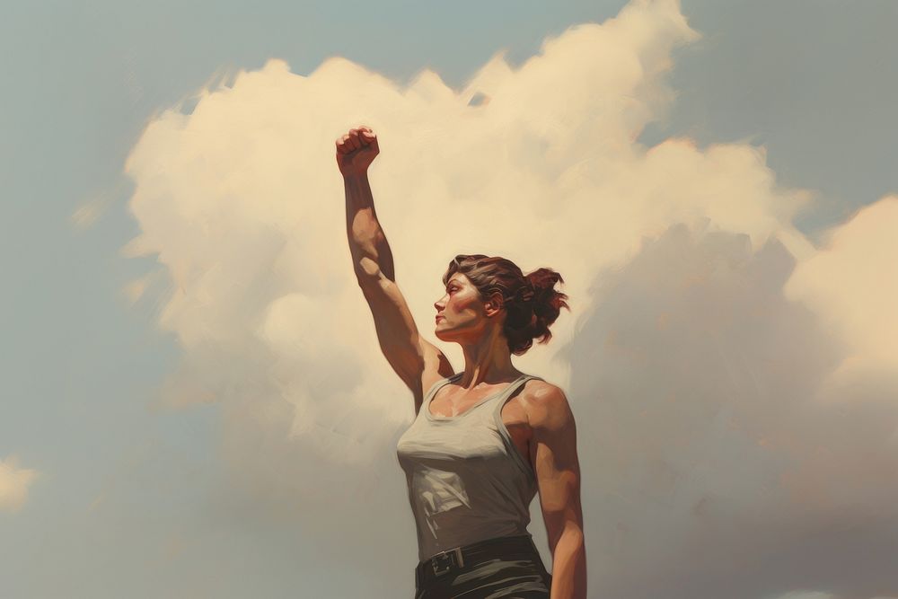 Woman raising a fist adult woman sky.
