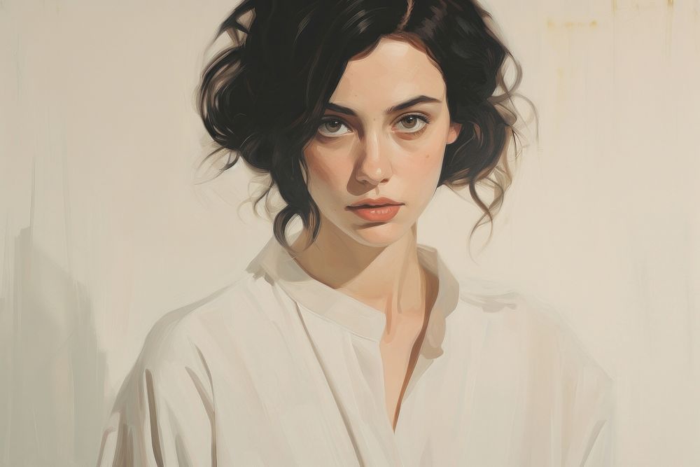 Woman in modern minimal clothing painting portrait drawing.
