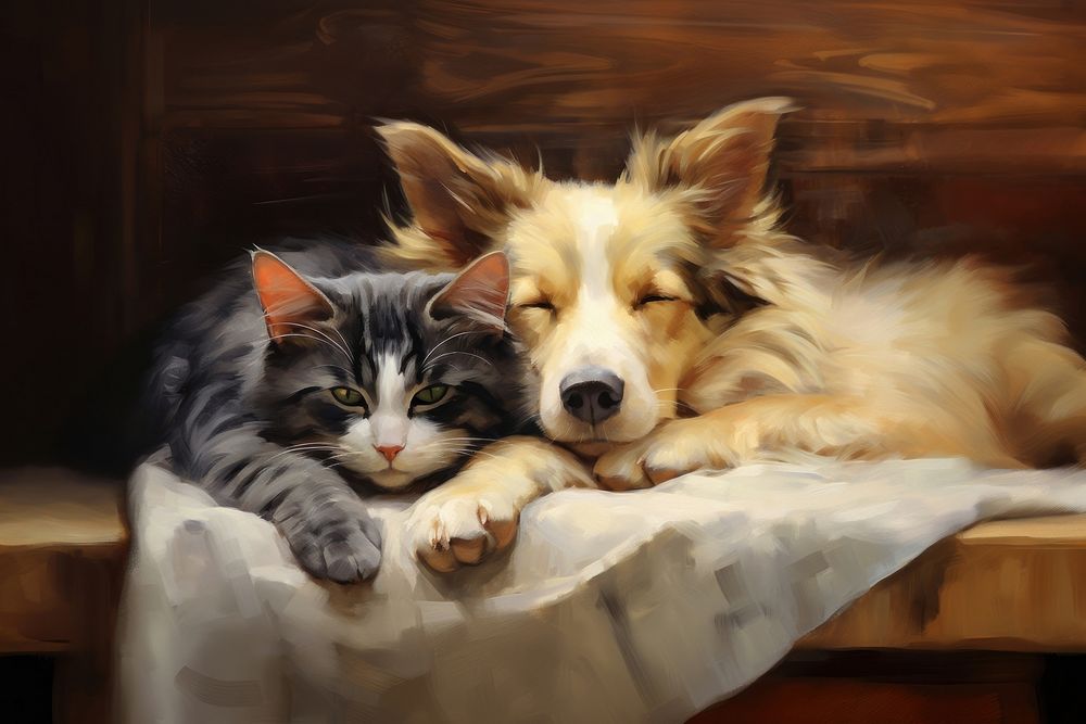 Dog sleeping with cat painting dog mammal.