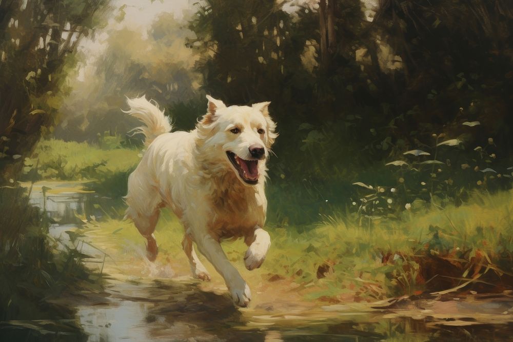 Dog running in the park painting dog outdoors.